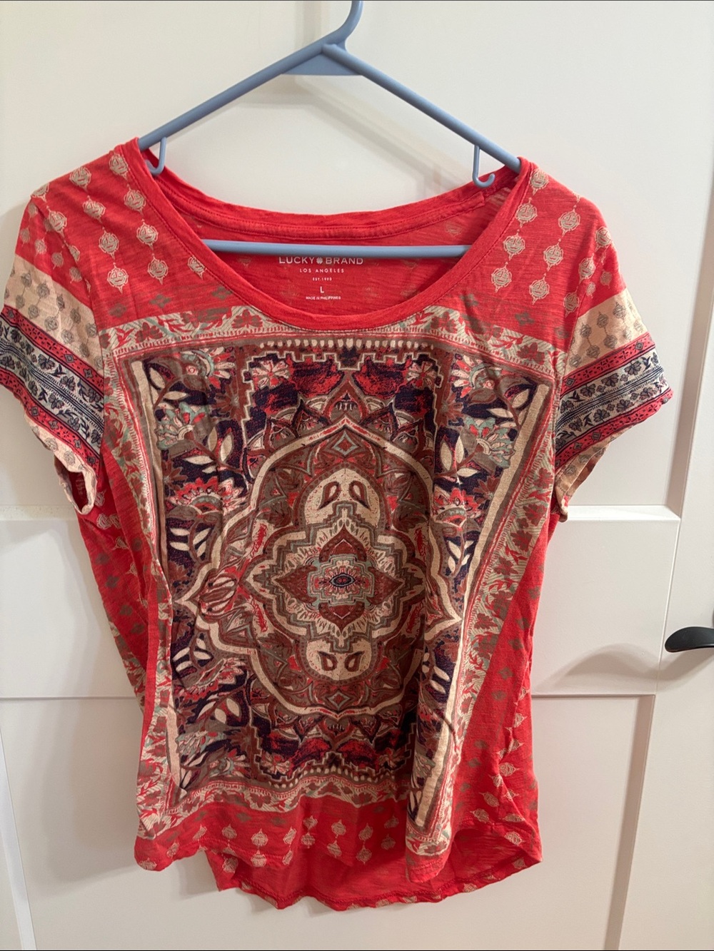 Lucky Brand Coral-Red Medallion Print Short Sleeve Top